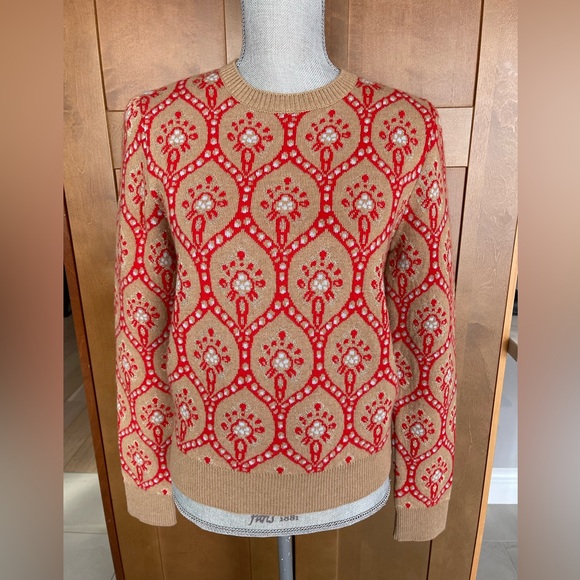 Blumarine Sweaters - BLUMARINE Italy Tan & Red Jacquard Crew Neck Sweater, Size 6 US